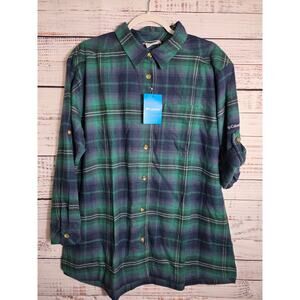 Columbia Women's Plus size 1X longer sleeve Green/Blue Plaid Flannel